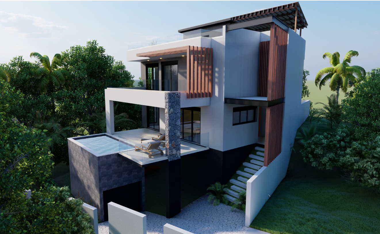 Villa de Trois-Bassins — implantation sur terrain en pente, terrasses en porte-à-faux et bassin