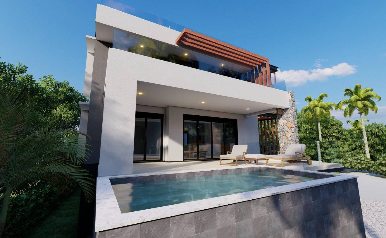 Villa de Trois-Bassins — façade mer, piscine et brise-soleil bois sur structure béton